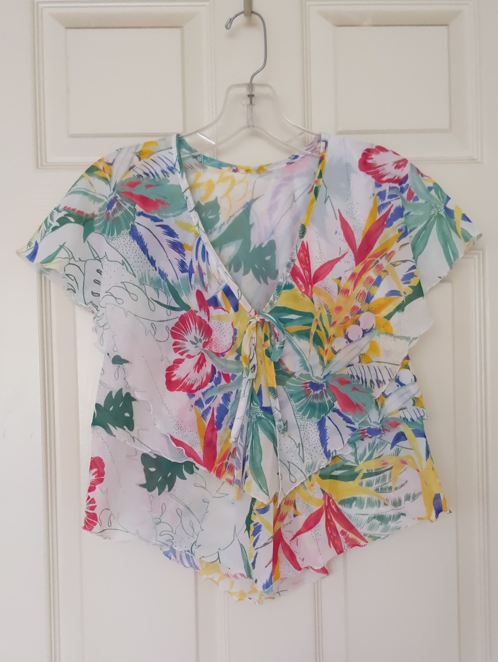 Frederick's Of Hollywood Multicolor Floral Three Layers Sheer Top With Tie-Front